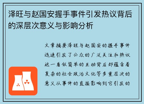 泽旺与赵国安握手事件引发热议背后的深层次意义与影响分析